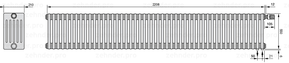 Схема (чертеж) Радиатор Zehnder Charleston 6055/48 №V002 Белый глянцевый RAL 9016